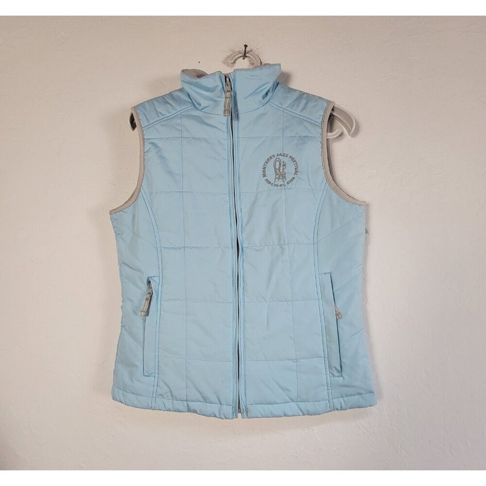 Enza Women Light Blue Quilted Zip Vest Small Monterey Jazz Festival Logo Pockets
